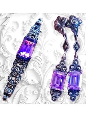 Antique SET Amethyst & Marcasites Sterling Brooch AND Earrings Gemstones